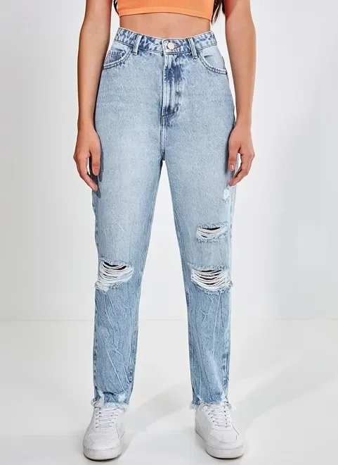 calça mom cintura alta com puídos calça mom cintura alta com puídos