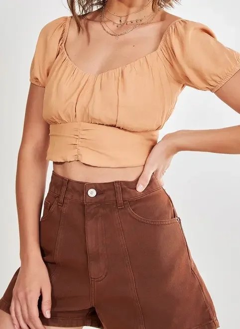 blusa cropped manga bufante e amarração blusa cropped manga bufante e amarração