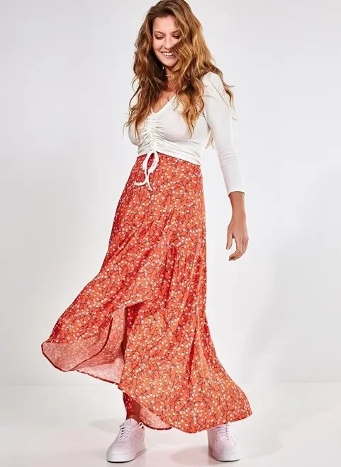 saia midi estampa floral com babados saia midi estampa floral com babados