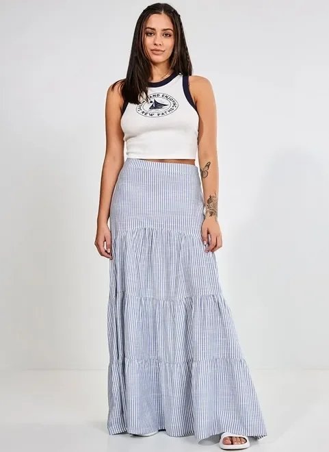 saia longa de babados listrada em azul e branco saia longa de babados listrada em azul e branco