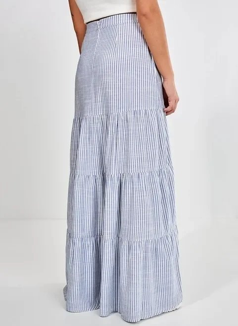 saia longa de babados listrada em azul e branco saia longa de babados listrada em azul e branco