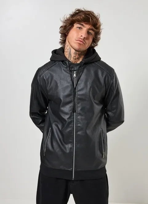 jaqueta de poliuretano preta com moletom jaqueta de poliuretano preta com moletom