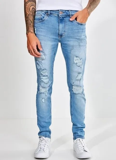 calça super skinny em jeans com puídos calça super skinny em jeans com puídos