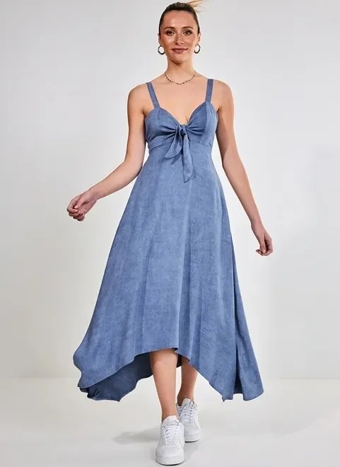 vestido midi azul jeans com nó vestido midi azul jeans com nó
