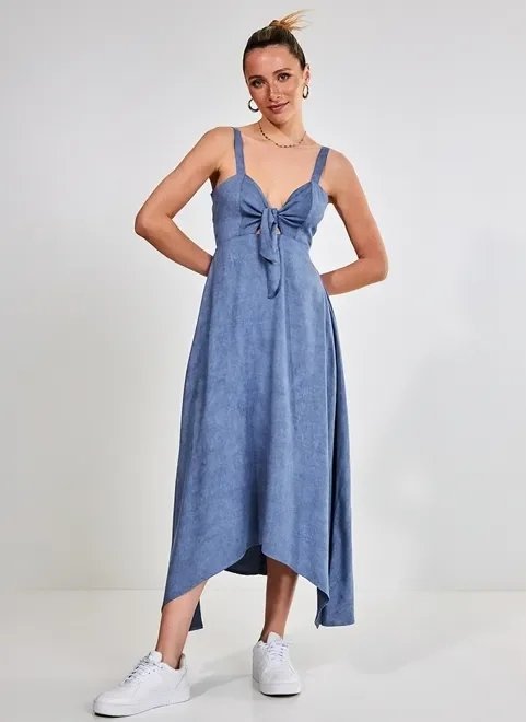 vestido midi azul jeans com nó vestido midi azul jeans com nó