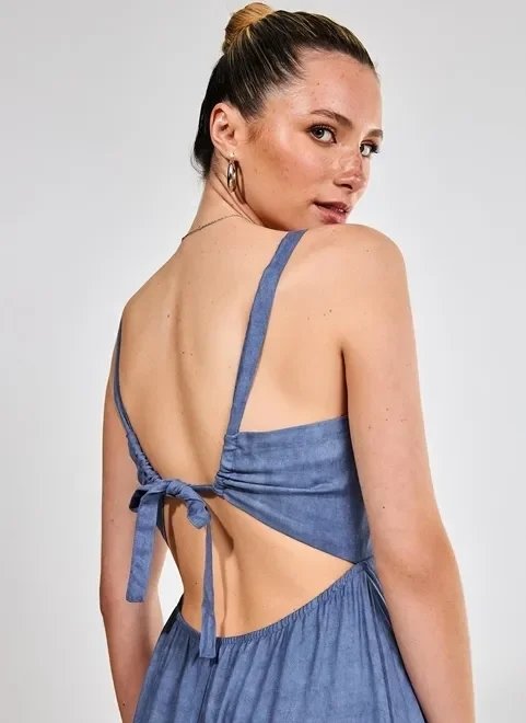 vestido midi azul jeans com nó vestido midi azul jeans com nó
