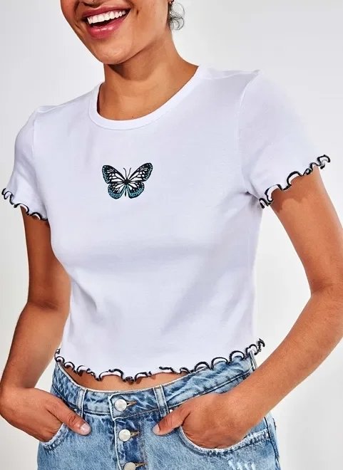 blusa bordado borboleta e picot blusa bordado borboleta e picot