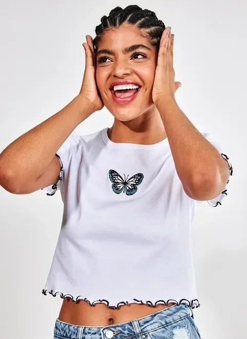 blusa bordado borboleta e picot blusa bordado borboleta e picot