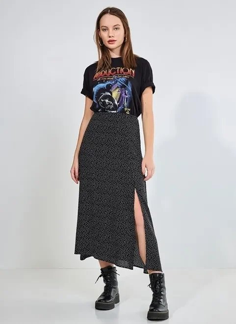 saia midi com fenda preta com bolinhas saia midi com fenda preta com bolinhas