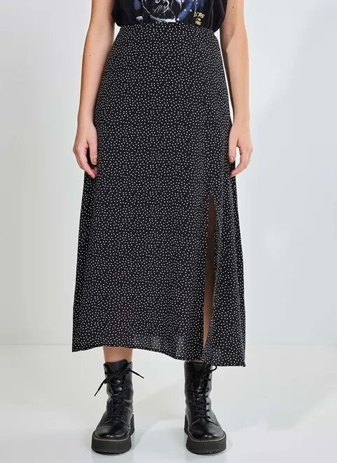 saia midi com fenda preta com bolinhas saia midi com fenda preta com bolinhas