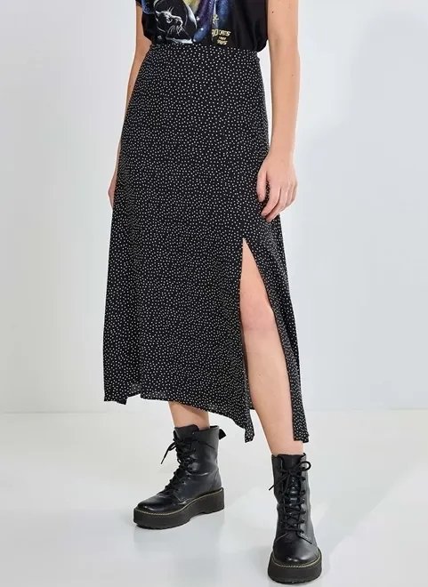 saia midi com fenda preta com bolinhas saia midi com fenda preta com bolinhas