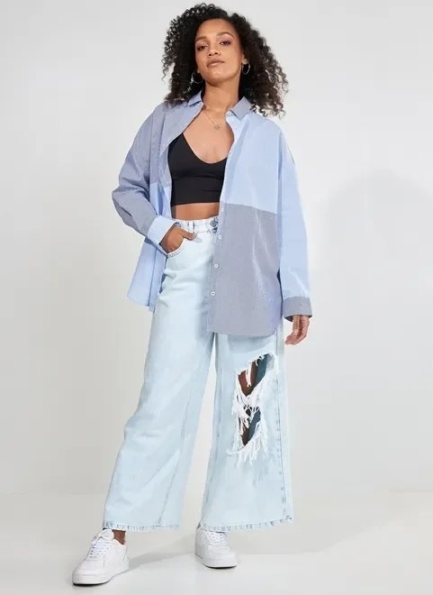 camisa oversized azul listrada camisa oversized azul listrada