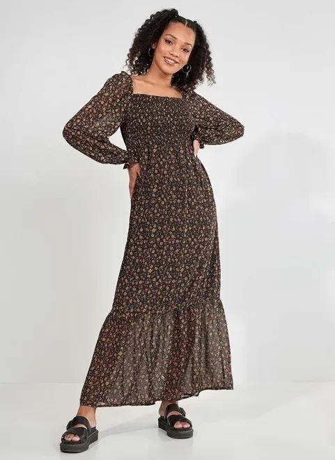 vestido manga longa preto com florzinhas vestido manga longa preto com florzinhas