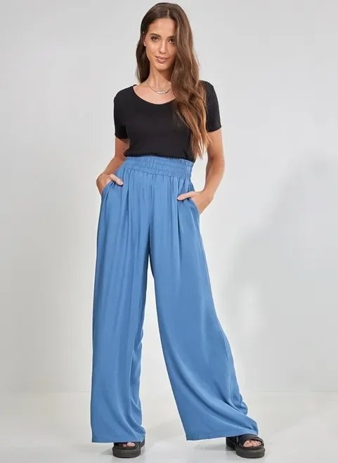 calça pantalona azul com elástico na cintura calça pantalona azul com elástico na cintura