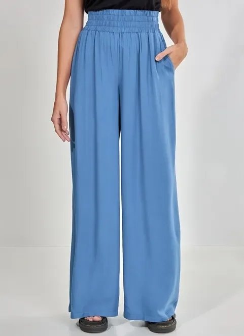 calça pantalona azul com elástico na cintura calça pantalona azul com elástico na cintura