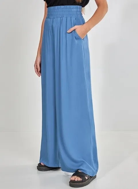 calça pantalona azul com elástico na cintura calça pantalona azul com elástico na cintura