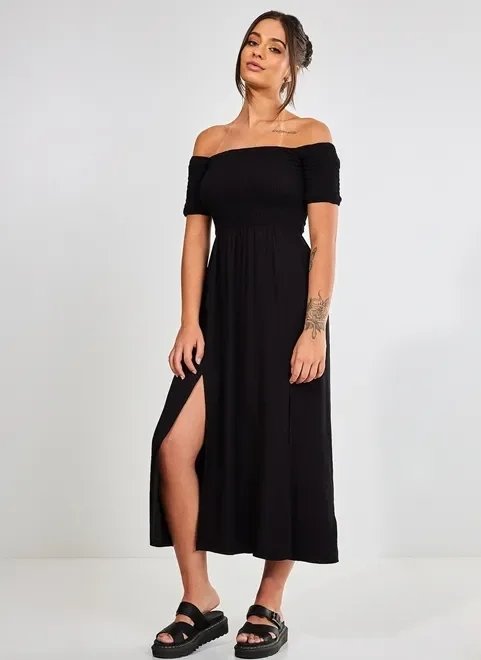 vestido midi lastex ombro a ombro preto vestido midi lastex ombro a ombro preto