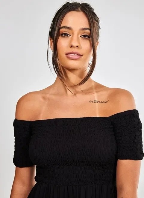 vestido midi lastex ombro a ombro preto vestido midi lastex ombro a ombro preto