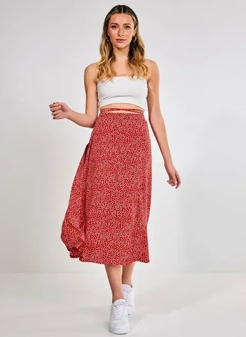 saia midi transpassada vermelha florzinhas saia midi transpassada vermelha florzinhas