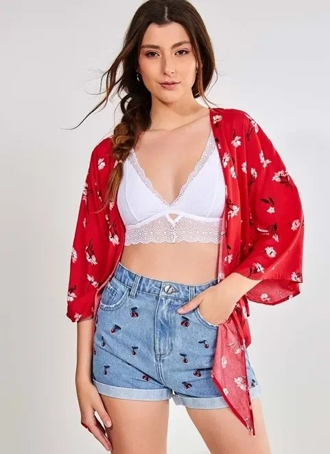 kimono e blusa 2 em 1 vermelho com flores kimono e blusa 2 em 1 vermelho com flores