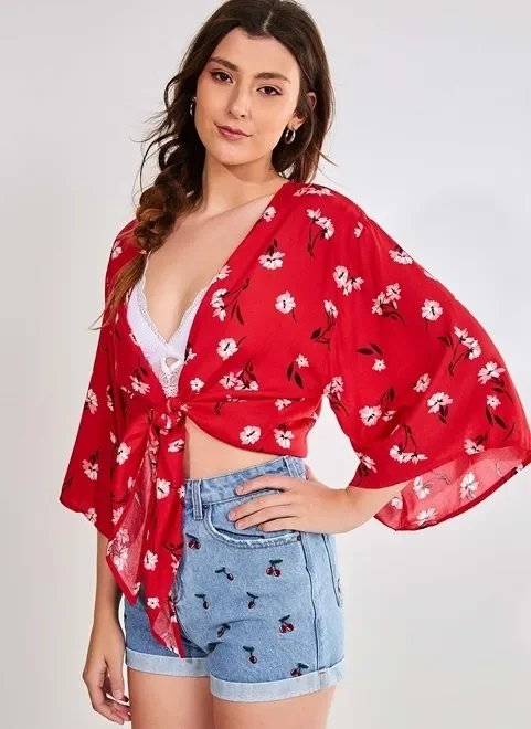 kimono e blusa 2 em 1 vermelho com flores kimono e blusa 2 em 1 vermelho com flores