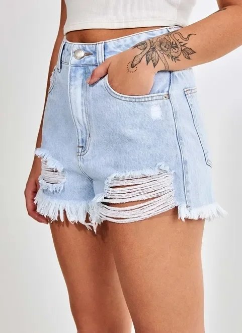 shorts cintura alta jeans claro desfiado shorts cintura alta jeans claro desfiado