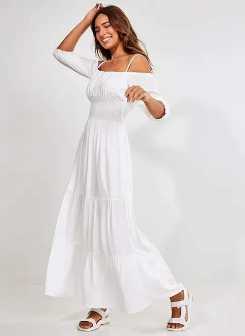 vestido longo off-white meia manga vestido longo off-white meia manga