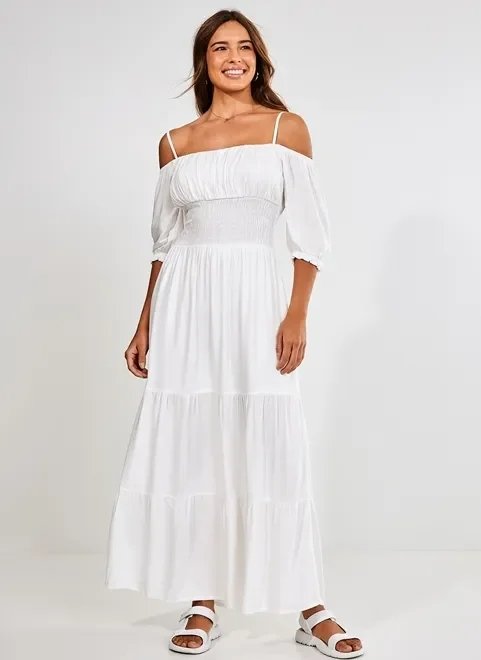 vestido longo off-white meia manga vestido longo off-white meia manga