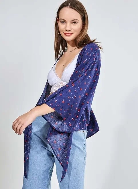 kimono e blusa 2 em 1 azul com florzinhas kimono e blusa 2 em 1 azul com florzinhas