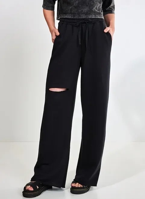calça wide leg moletom com rasgo calça wide leg moletom com rasgo