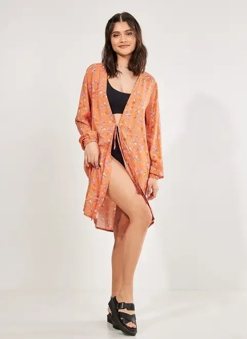 kimono alongado laranja com florzinhas kimono alongado laranja com florzinhas