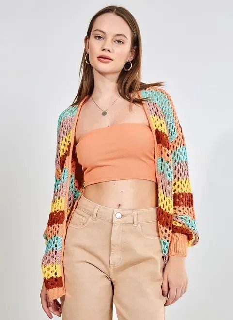 cardigan de crochê listrado colorido cardigan de crochê listrado colorido
