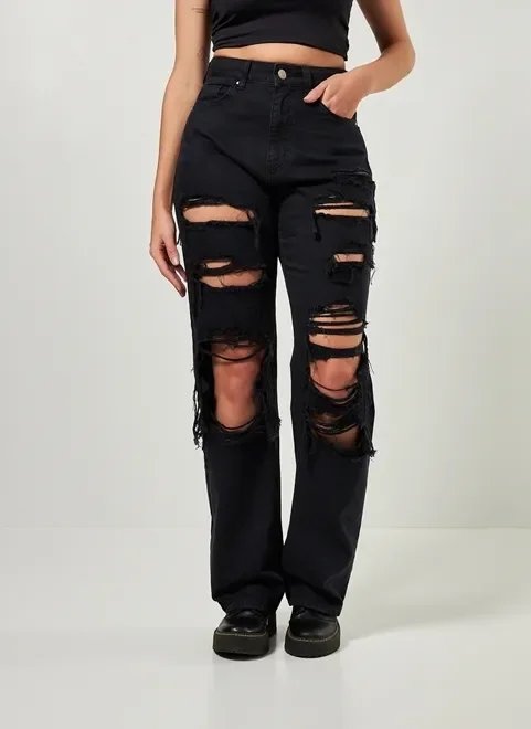 calça de sarja preta oversized destroyed calça de sarja preta oversized destroyed