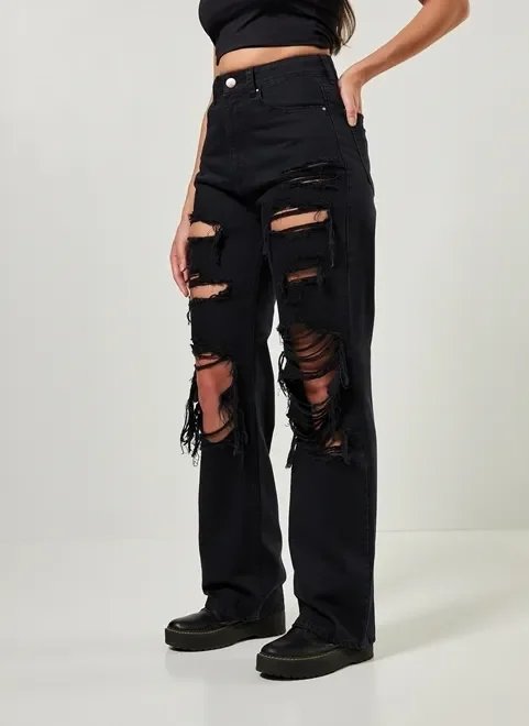 calça de sarja preta oversized destroyed calça de sarja preta oversized destroyed