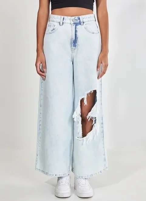 calça wide leg jeans clara com rasgo calça wide leg jeans clara com rasgo