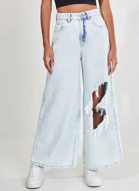 calça wide leg jeans clara com rasgo calça wide leg jeans clara com rasgo