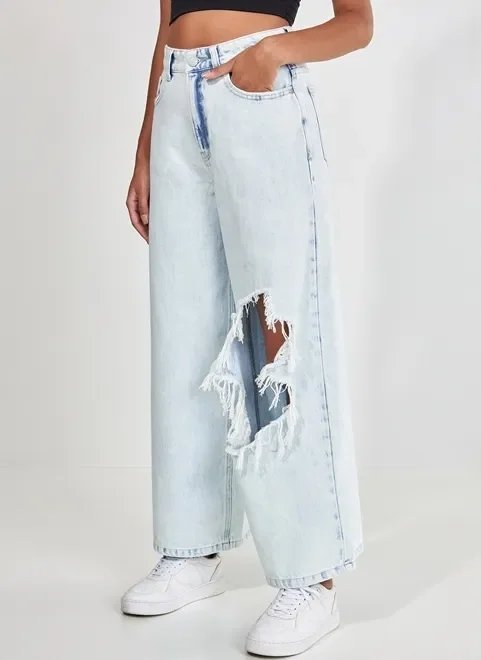 calça wide leg jeans clara com rasgo calça wide leg jeans clara com rasgo