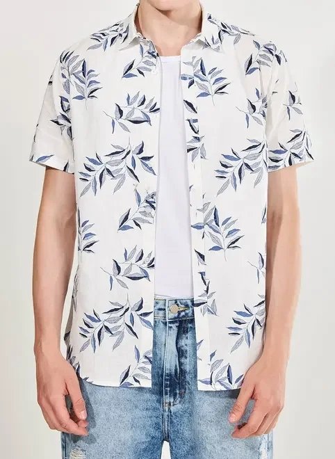 camisa off-white com linho estampada camisa off-white com linho estampada