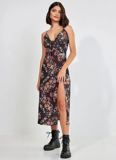 vestido midi com fenda preto floral vestido midi com fenda preto floral