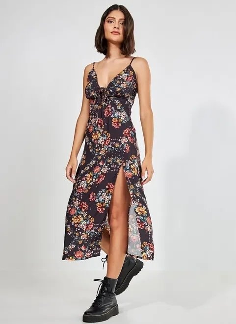 vestido midi com fenda preto floral vestido midi com fenda preto floral
