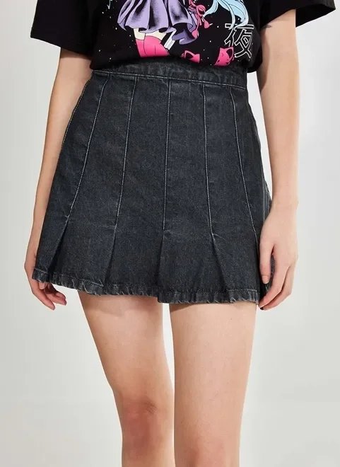 saia jeans preta plissada saia jeans preta plissada