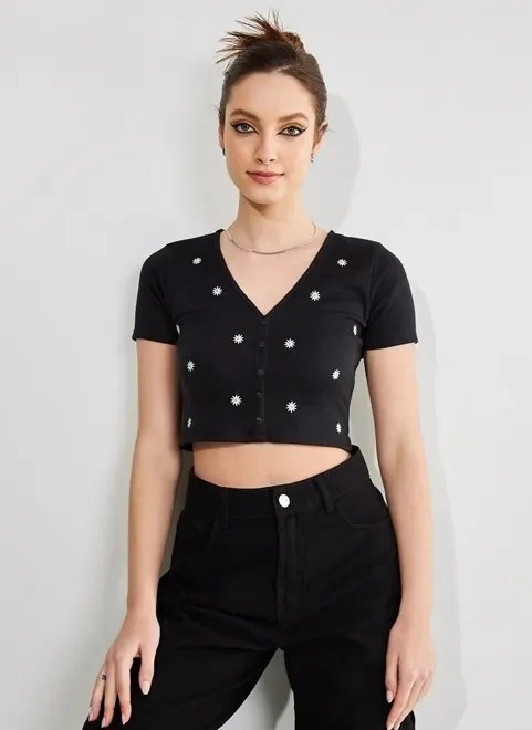 blusa cropped margaridas com botões blusa cropped margaridas com botões