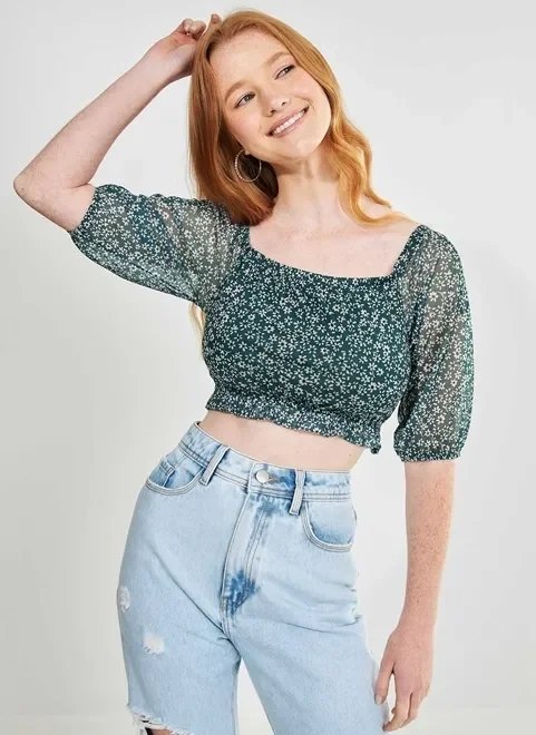 blusa cropped verde com florzinhas blusa cropped verde com florzinhas