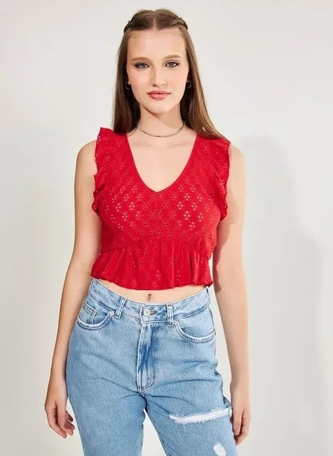 blusa de laise com babados vermelha blusa de laise com babados vermelha