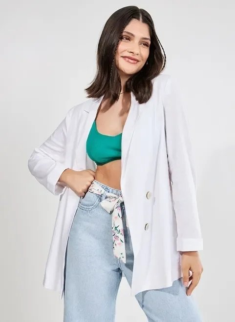 blazer alongado off-white com linho blazer alongado off-white com linho