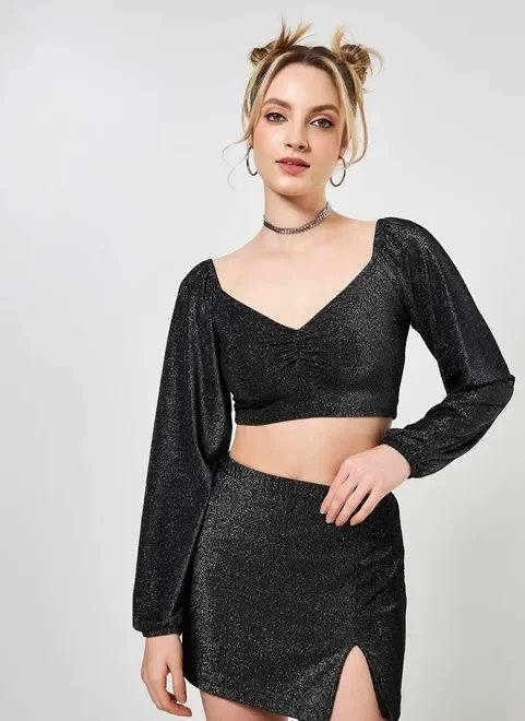 cropped manga bufante em lurex cropped manga bufante em lurex