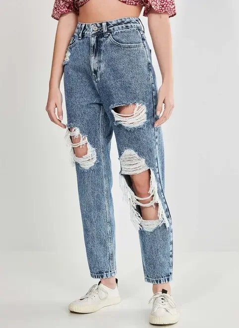 calça mom jeans cintura alta destroyed calça mom jeans cintura alta destroyed