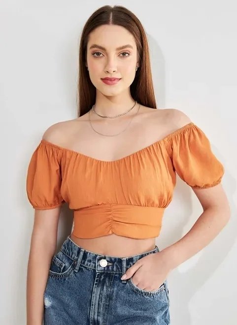 blusa cropped manguinha bufante laranja blusa cropped manguinha bufante laranja