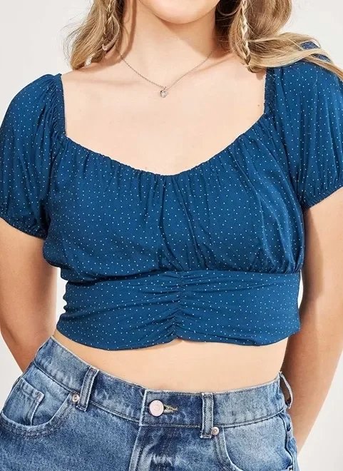 blusa cropped bufante azul poá blusa cropped bufante azul poá