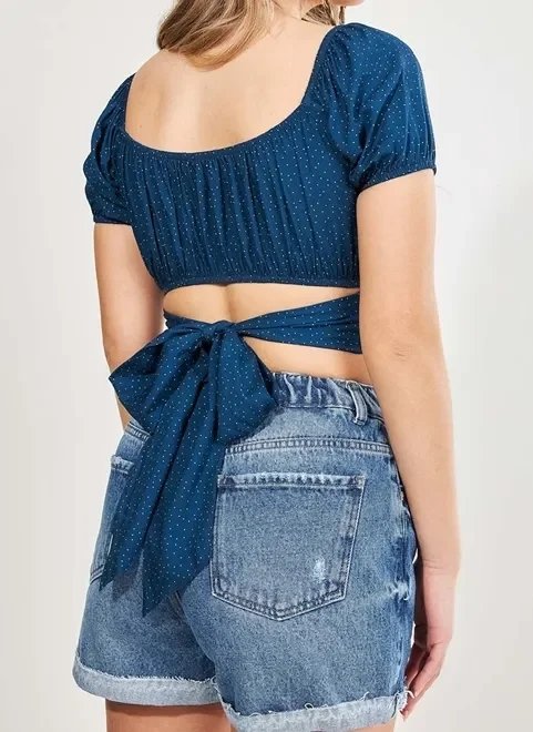 blusa cropped bufante azul poá blusa cropped bufante azul poá